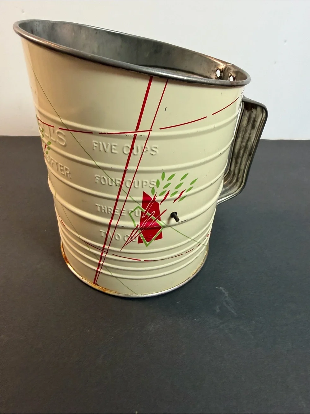 Vintage Bromwell's 5 Cup Measuring Flour Sifter Tin Crank Handle Farmhouse Decor